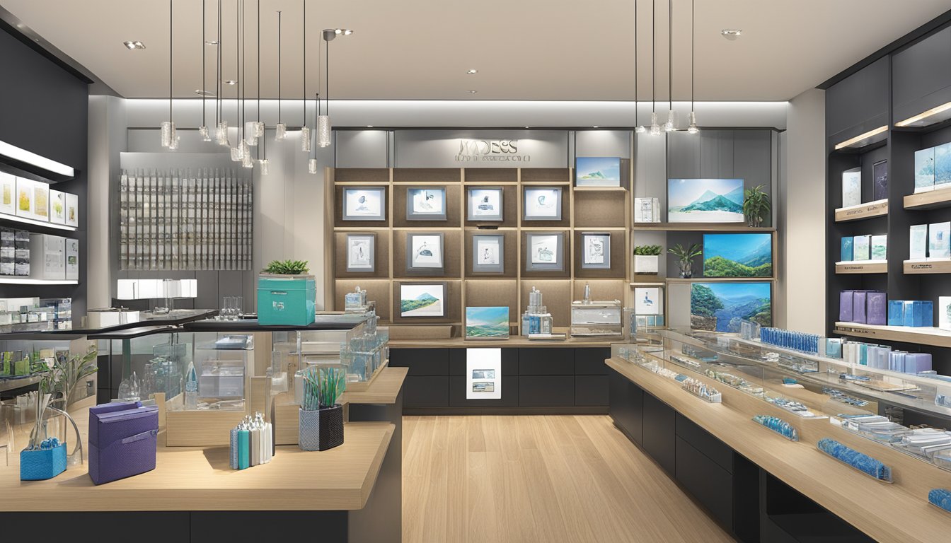 A table displays an array of corporate gifts - from elegant pens to custom-engraved plaques - at IMPRESS GIFT PTE. LTD. showroom