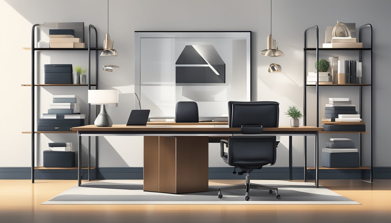 A sleek, modern office setting with elegant corporate gifts displayed on polished shelves. Attention to detail evident in the craftsmanship of each item