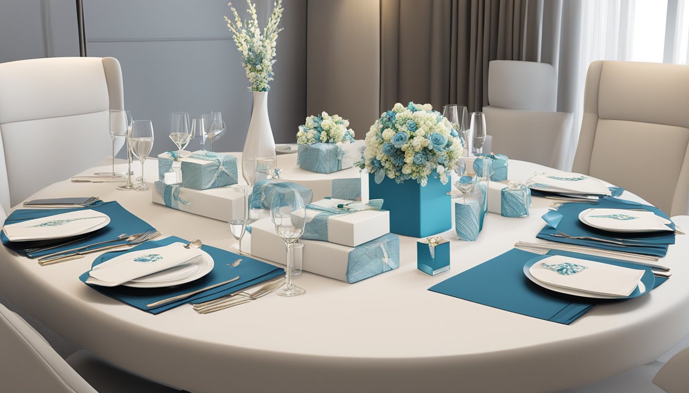 A table adorned with elegant corporate gifts, showcasing the company's commitment to quality and value. The logo "IMPRESS GIFT PTE. LTD." prominently displayed