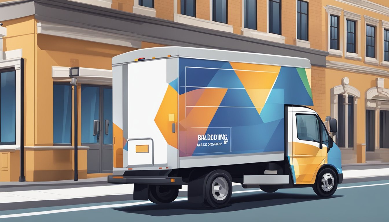 A delivery truck pulls up to a corporate office, unloading boxes of branded gifts. The company's logo is prominently displayed on the packaging
