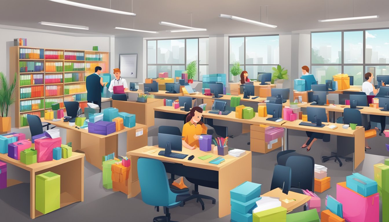 A busy office with employees answering phones and packaging corporate gifts for review. Tables stacked with gift items and shelves lined with colorful packaging materials