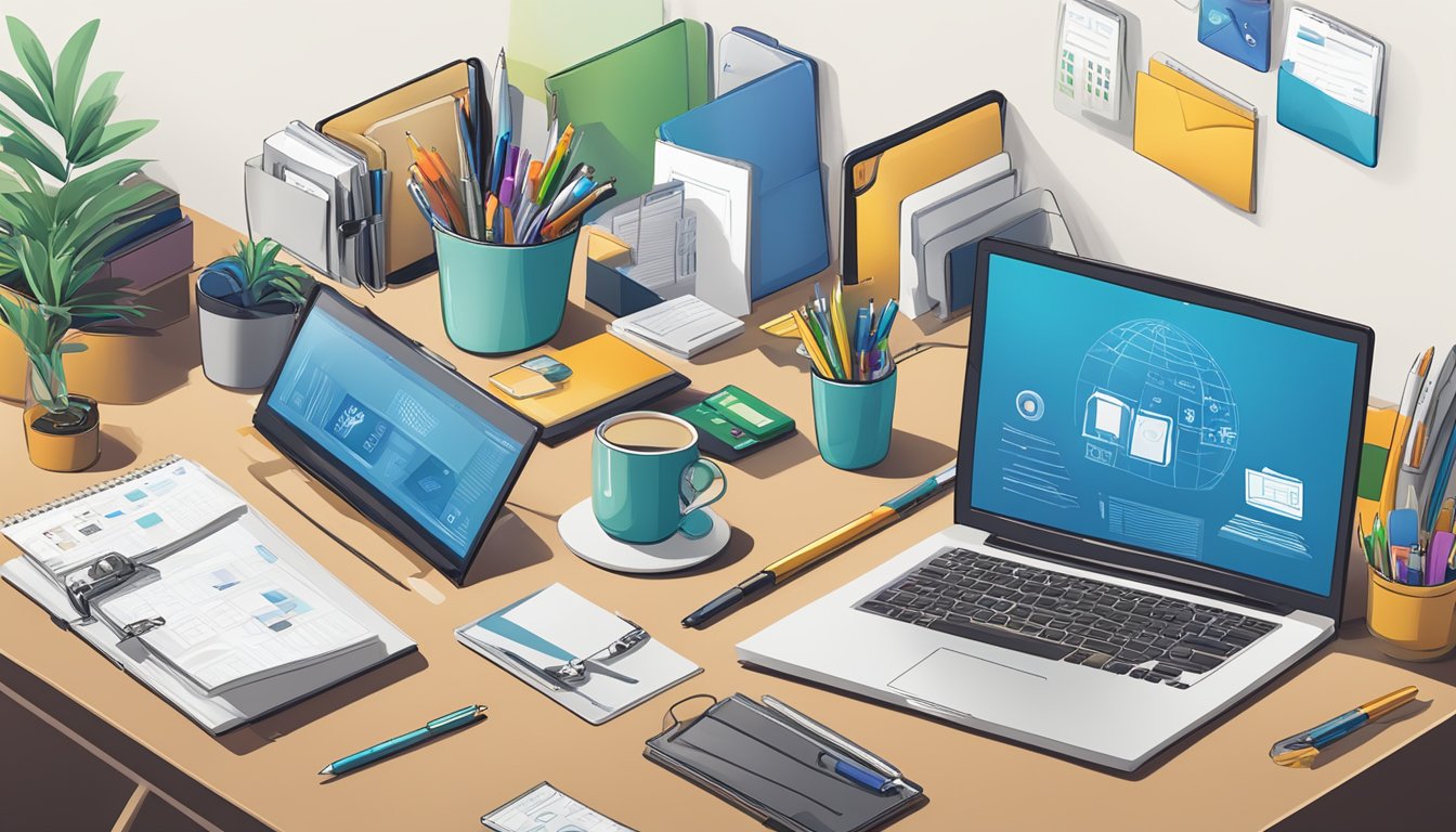 An office desk cluttered with various corporate gifts - pens, mugs, notebooks, and USB drives. A laptop displaying "ANDER MARKETING PTE LTD Corporate Gifts Review" on the screen
