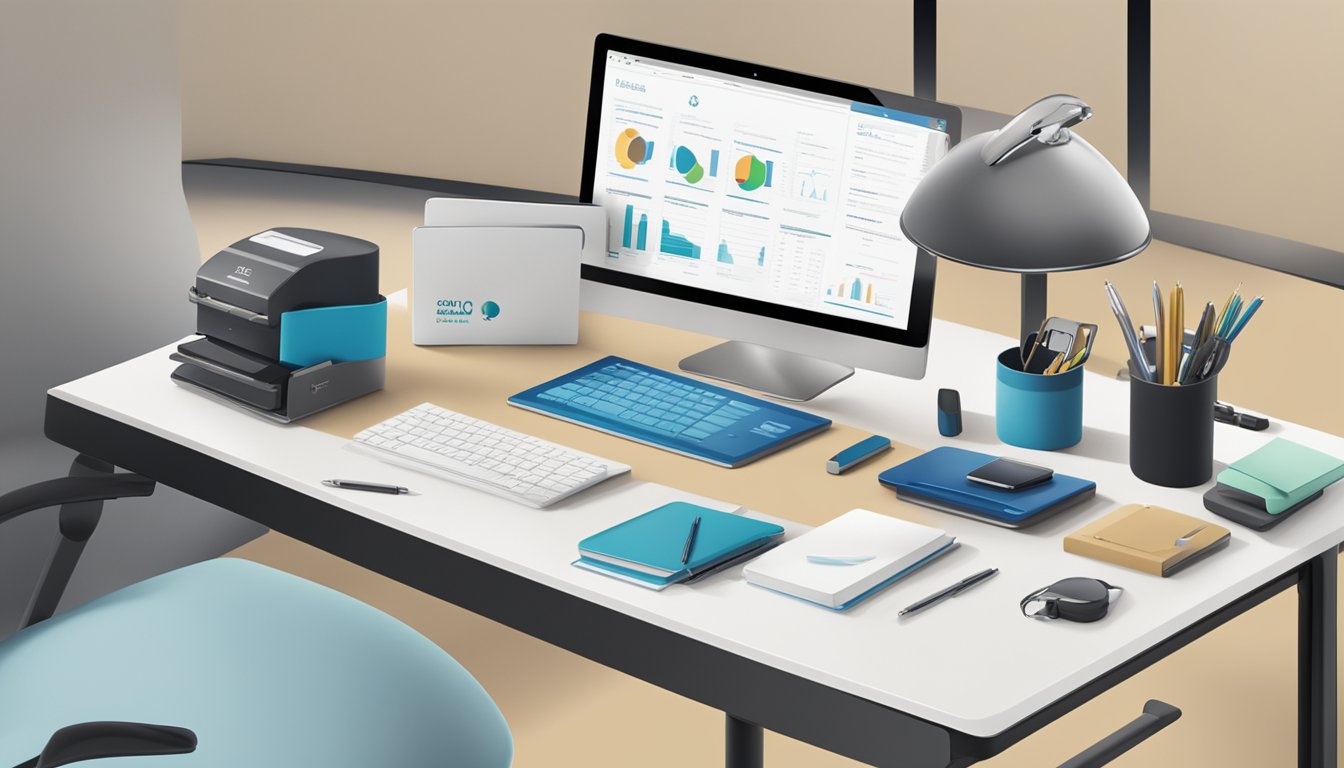 A sleek office desk with branded corporate gifts displayed, including custom pens, notebooks, and electronic gadgets. A professional atmosphere with the company logo prominently featured