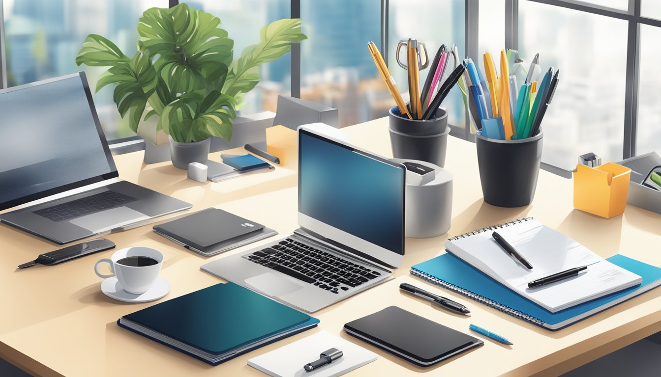 A table displaying a variety of corporate gifts, including branded pens, notebooks, and tech accessories. Bright, modern office setting with natural light