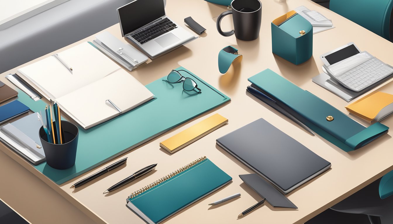 A sleek, modern office desk showcases a collection of high-quality corporate gifts, including branded pens, leather notebooks, and elegant desk accessories