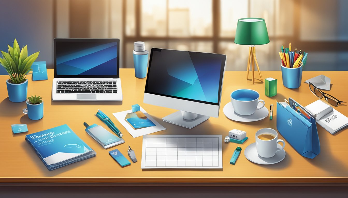 A table with various corporate gifts displayed, including branded items and promotional products. Bright lighting highlights the quality and value of the products
