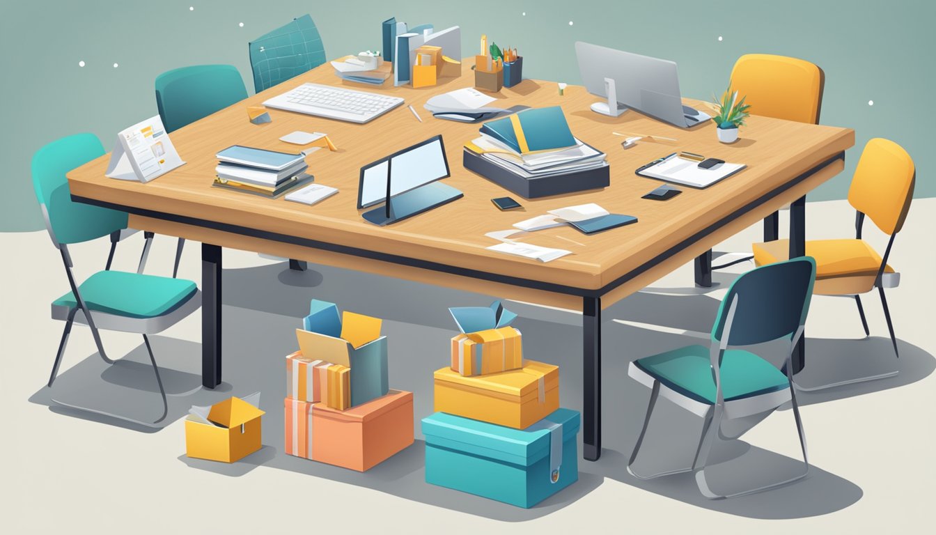 A table with various corporate gifts displayed, surrounded by positive customer testimonials and reviews