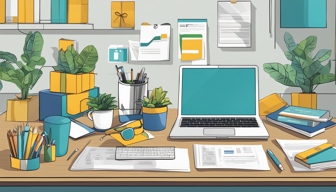 A table with various corporate gifts displayed, including branded items and promotional products, with a sign reading "Frequently Asked Questions ANDER MARKETING PTE LTD Corporate Gifts Review" in the background