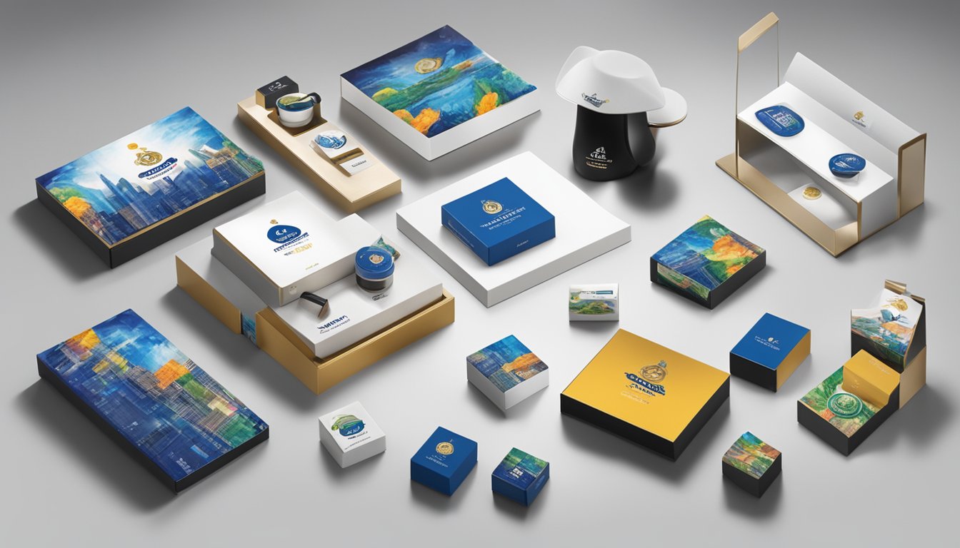 A table displays a variety of corporate gifts, including branded items and luxury products, with the DoorGiftSingapore.com logo prominently featured