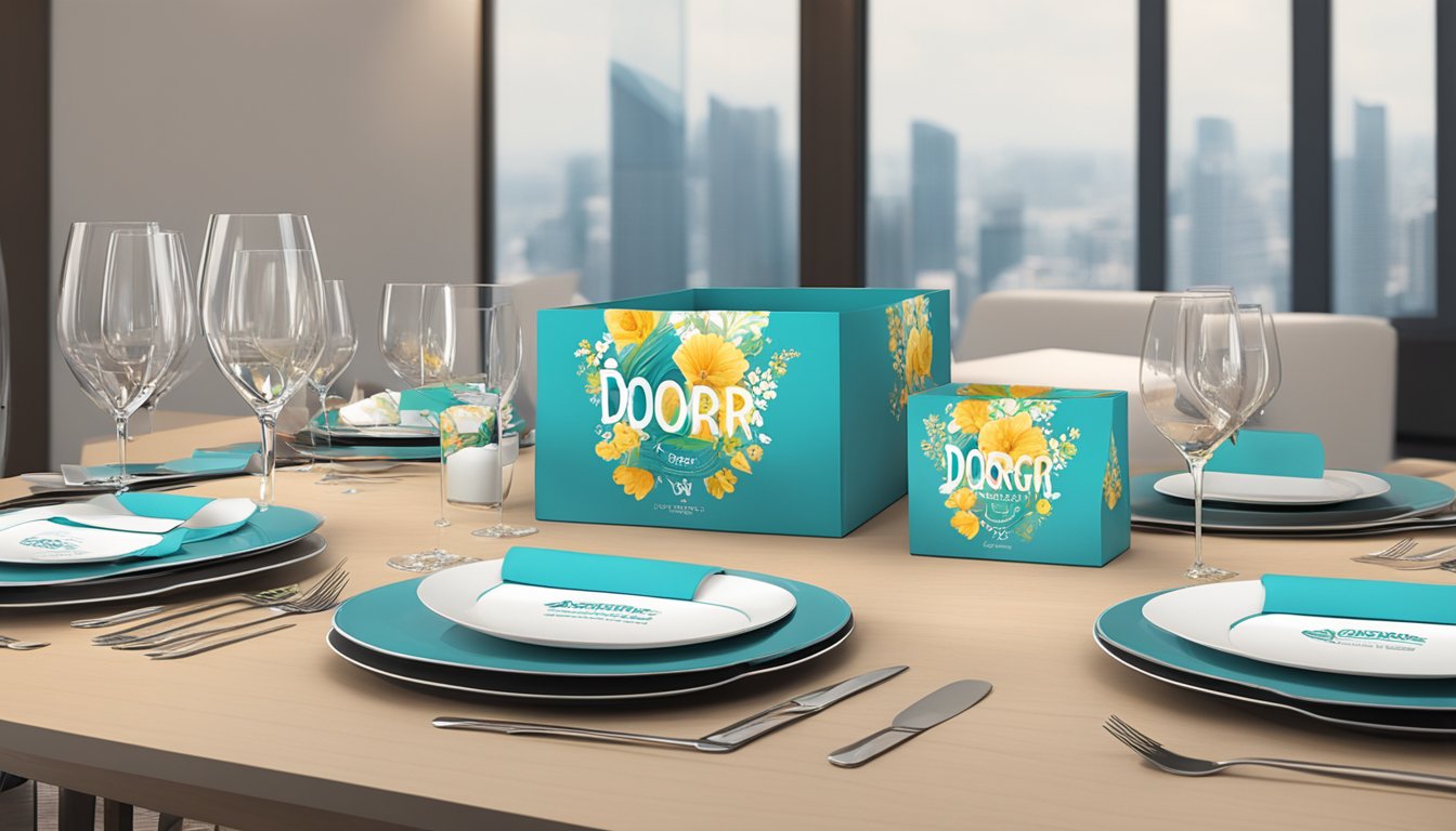 A table adorned with elegant corporate gifts, branded with DoorGiftSingapore.com logo, ready for presentation