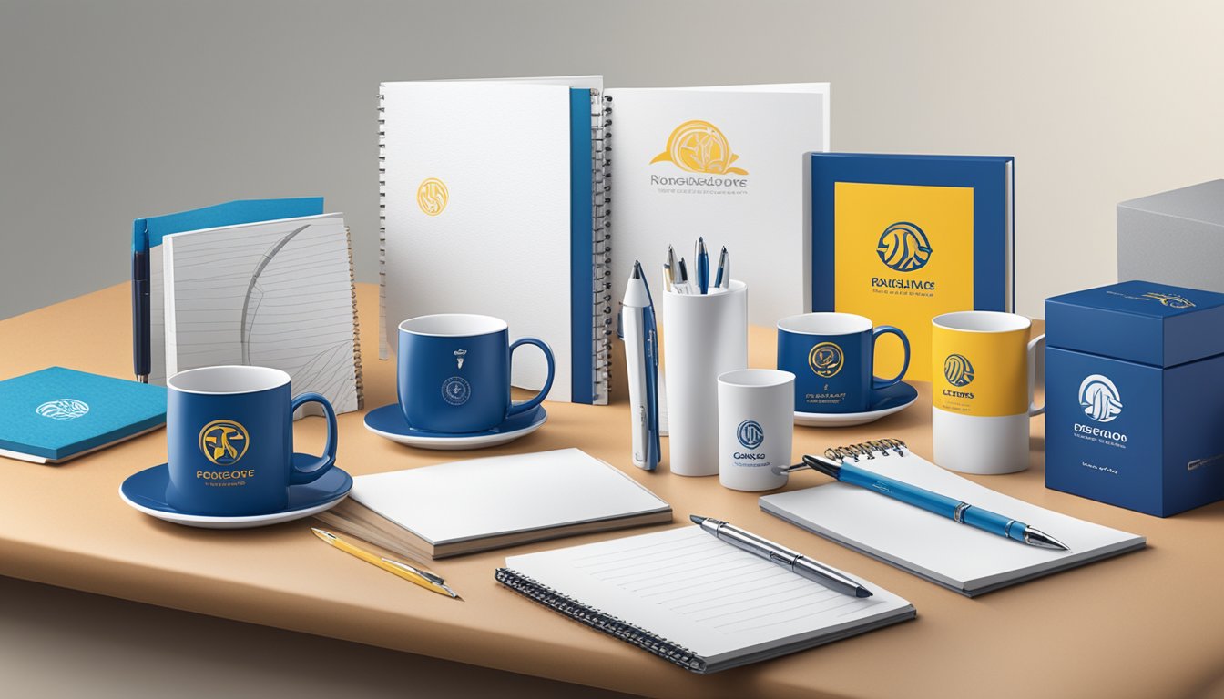 A table displays a variety of corporate gifts, including branded pens, notebooks, and custom-made mugs. The backdrop features the company logo and slogan