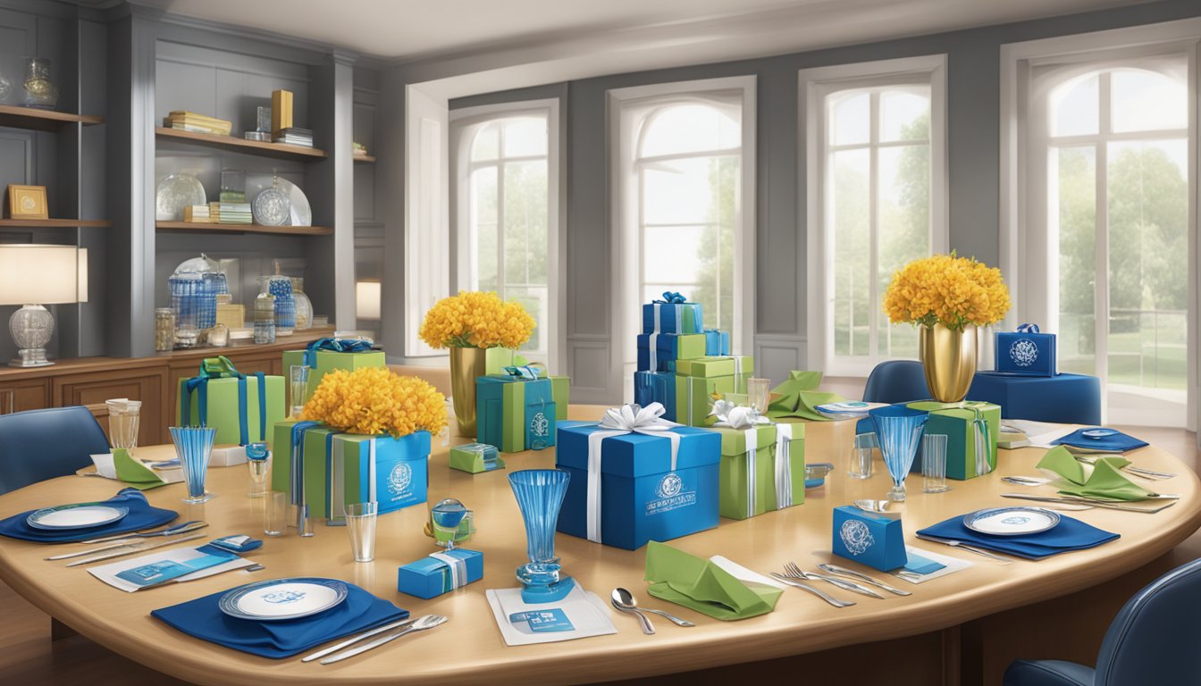 A table adorned with various corporate gifts, including branded merchandise and custom door gifts, displayed in a professional and elegant setting