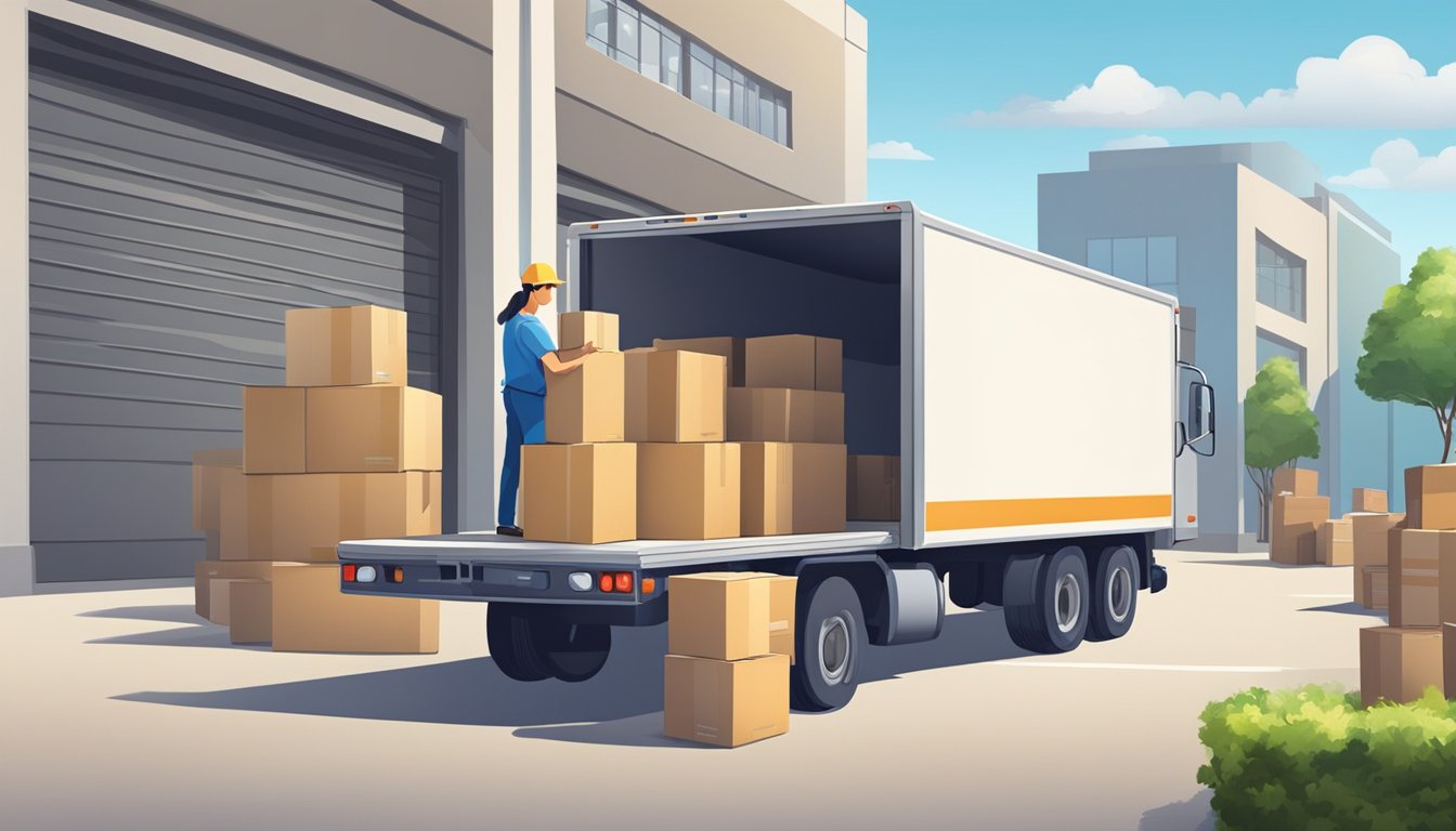 A delivery truck unloads boxes at the DoorGiftSingapore.com warehouse. A worker scans and organizes corporate gifts for shipping
