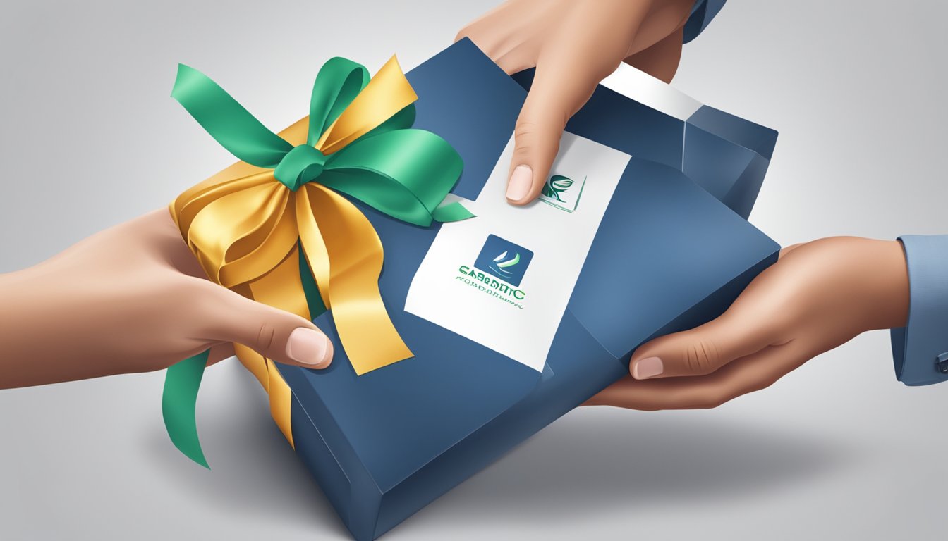 A corporate logo-branded gift box being handed over a counter with a satisfied customer receiving it