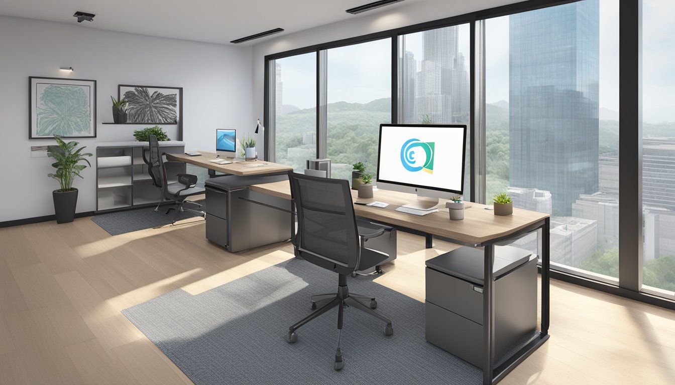 A sleek, modern office setting with the OneDollarOnly.com.sg logo prominently displayed on the wall. A desk with corporate gifts and promotional items neatly arranged for display