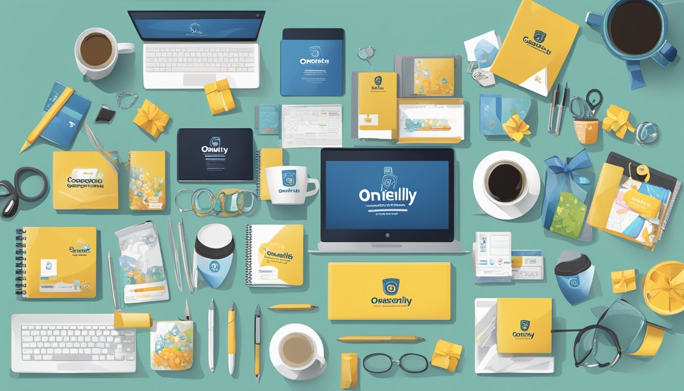 A table displaying a variety of corporate gifts, including mugs, pens, and keychains. A banner with the OneDollarOnly.com.sg logo hangs in the background