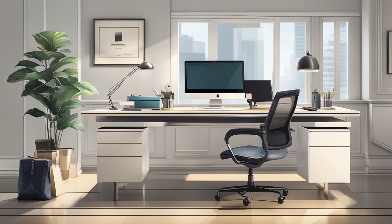A sleek, modern office desk with a row of high-quality corporate gifts neatly displayed. The gifts exude craftsmanship and attention to detail, showcasing the brand's commitment to quality