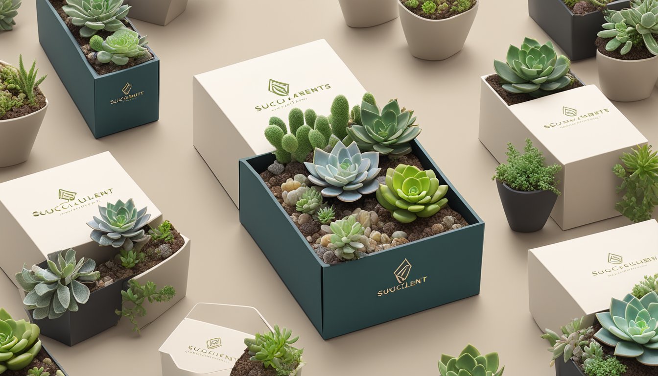 A variety of succulent plants arranged in elegant corporate gift packaging, with the SucculentSucculents.net logo prominently displayed