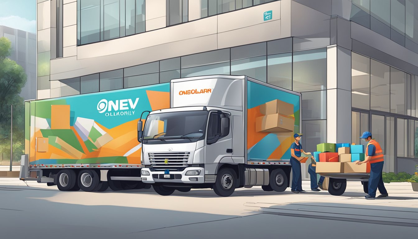 A delivery truck parked outside a corporate office, with workers unloading boxes of branded gifts from OneDollarOnly.com.sg