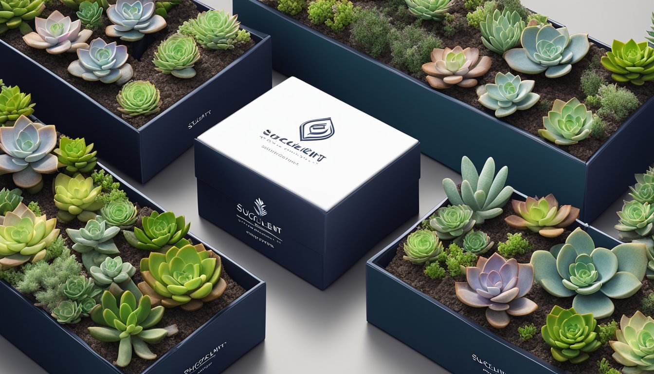 A lush display of various succulent plants arranged in elegant corporate gift packaging, with the SucculentSucculents.net logo prominently displayed