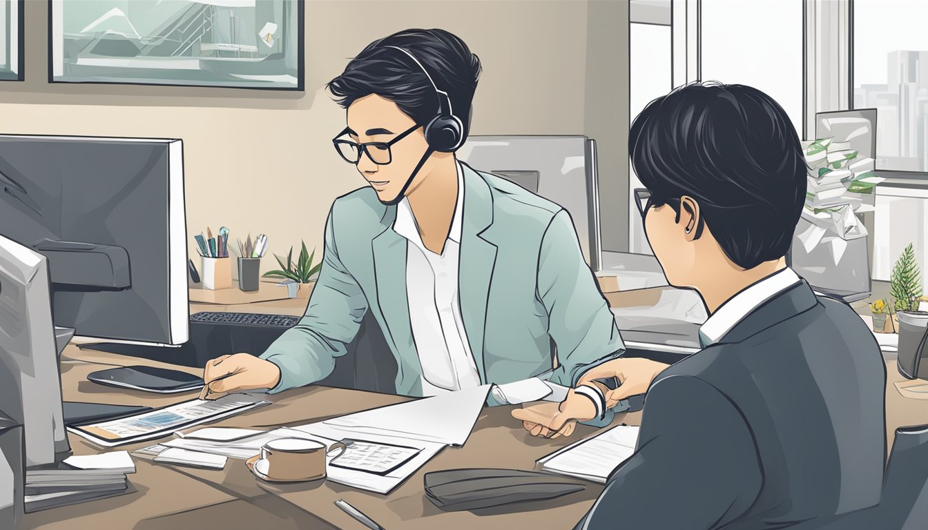 A customer service representative assists a client with corporate gift options at OneDollarOnly.com.sg, showcasing various products and taking notes for review