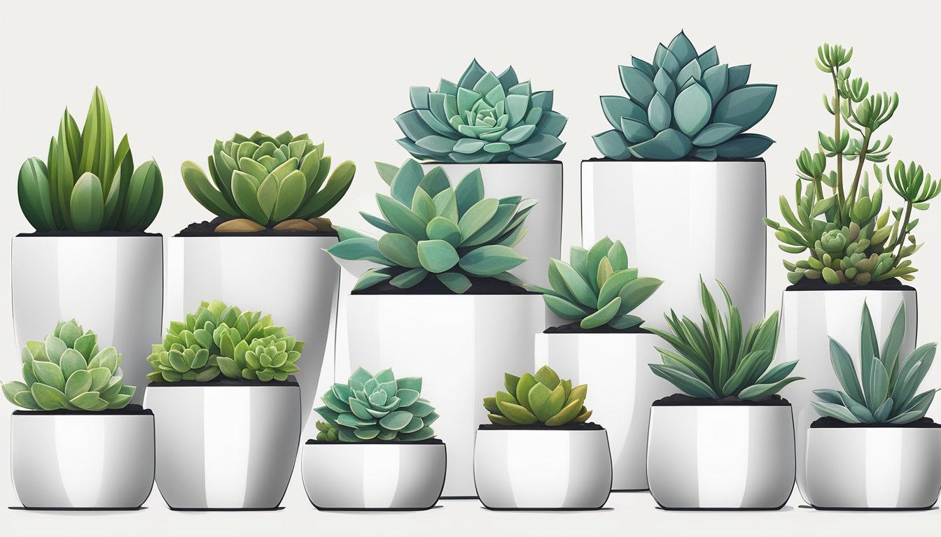 A variety of succulent plants arranged in a stylish and modern corporate gift set. The plants are neatly displayed in sleek, minimalist containers, creating a sophisticated and professional look