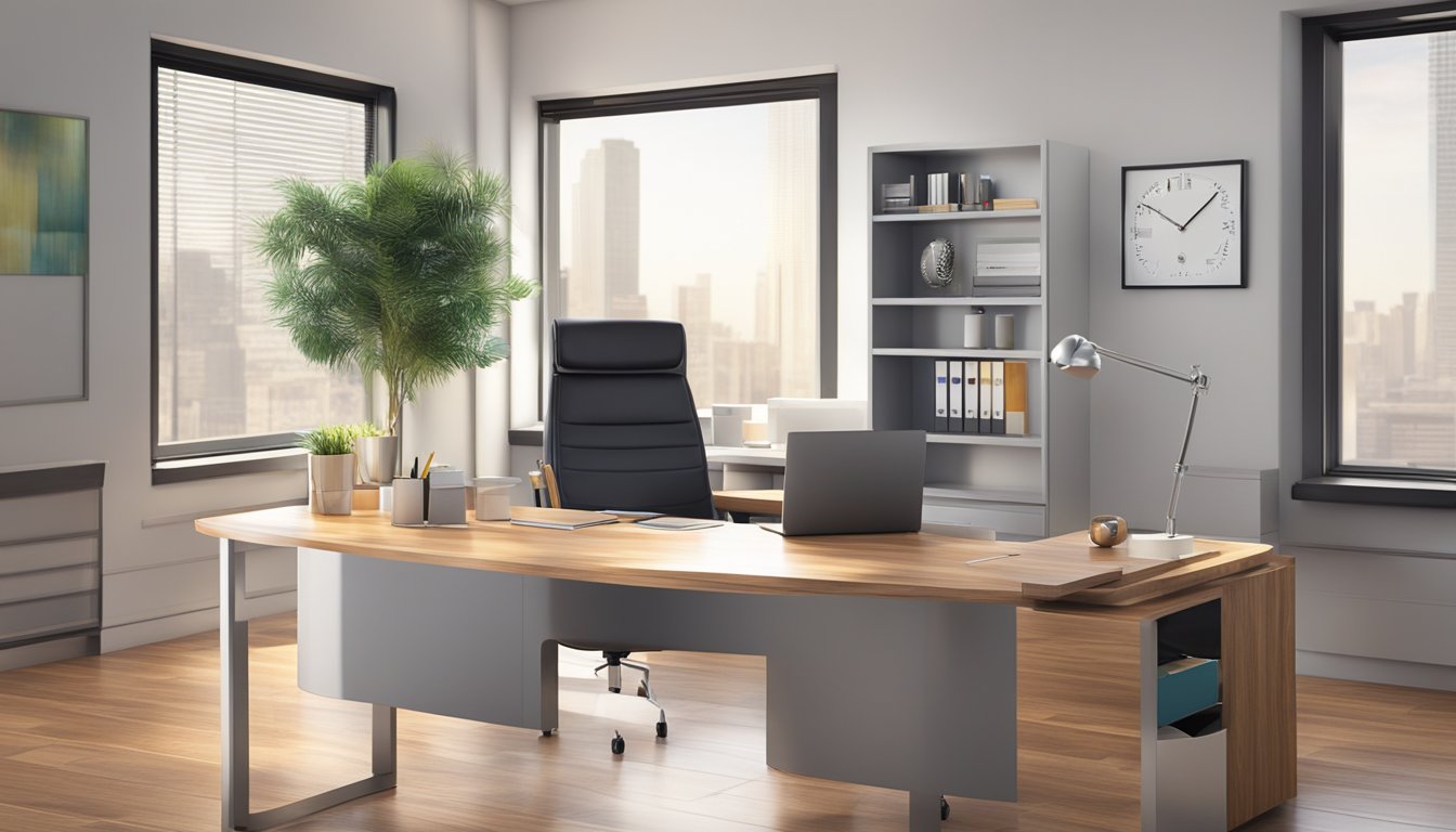 A sleek, modern office setting with branded corporate gifts displayed on a polished wooden desk. Bright, natural lighting enhances the professional atmosphere