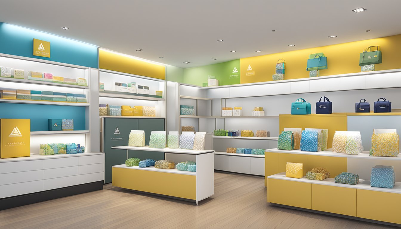 AlegantPremiums.com.sg's corporate gifts displayed in a sleek, modern showroom with branded merchandise and elegant packaging