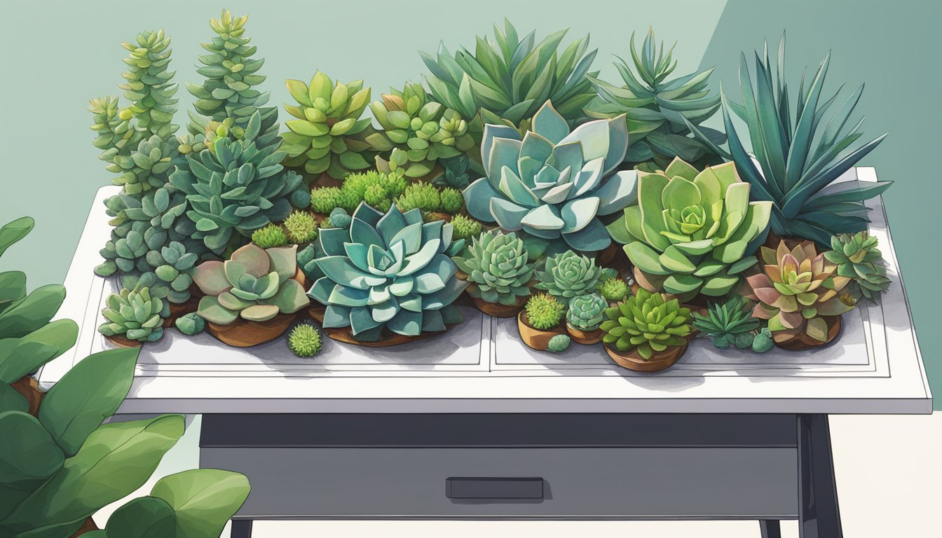 A beautifully arranged succulent garden sits on a sleek, modern desk. The plants are lush and vibrant, showcasing the quality and craftsmanship of Succulents.net's corporate gifts in Singapore