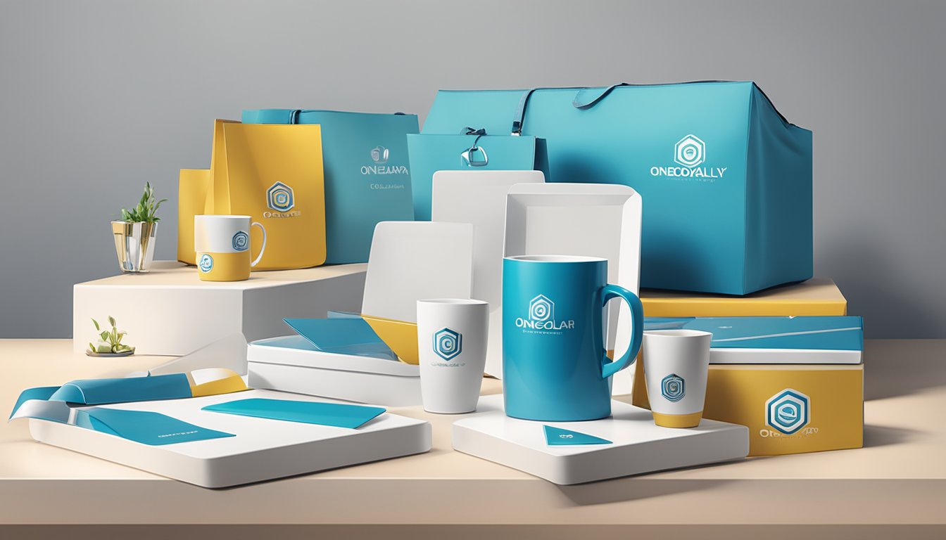 A group of corporate gifts displayed on a sleek, modern table with the OneDollarOnly.com.sg logo prominently featured. Bright lighting and clean lines create a professional and inviting atmosphere