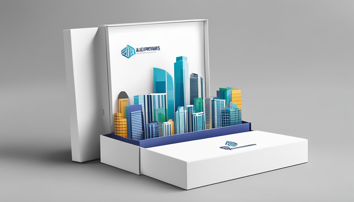 AlegantPremiums.com.sg logo displayed on a sleek corporate gift box with Singapore skyline in the background