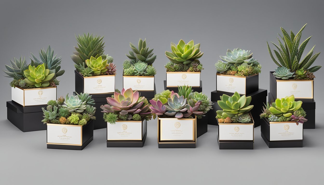 A variety of vibrant succulents arranged in elegant gift boxes, with a sleek corporate logo featured prominently. The display exudes sophistication and value