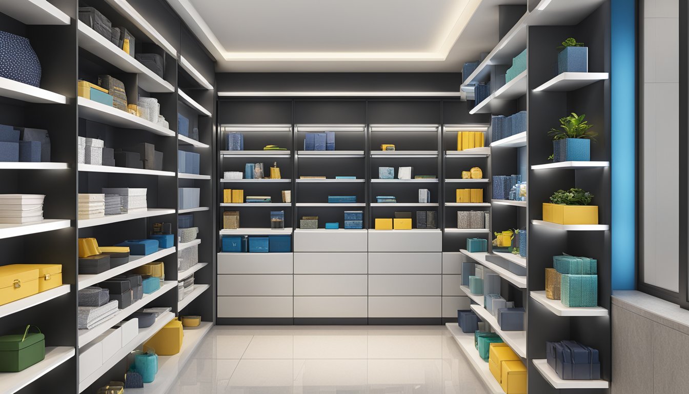 AlegantPremiums.com.sg's corporate gifts displayed on sleek, modern shelves with elegant branding