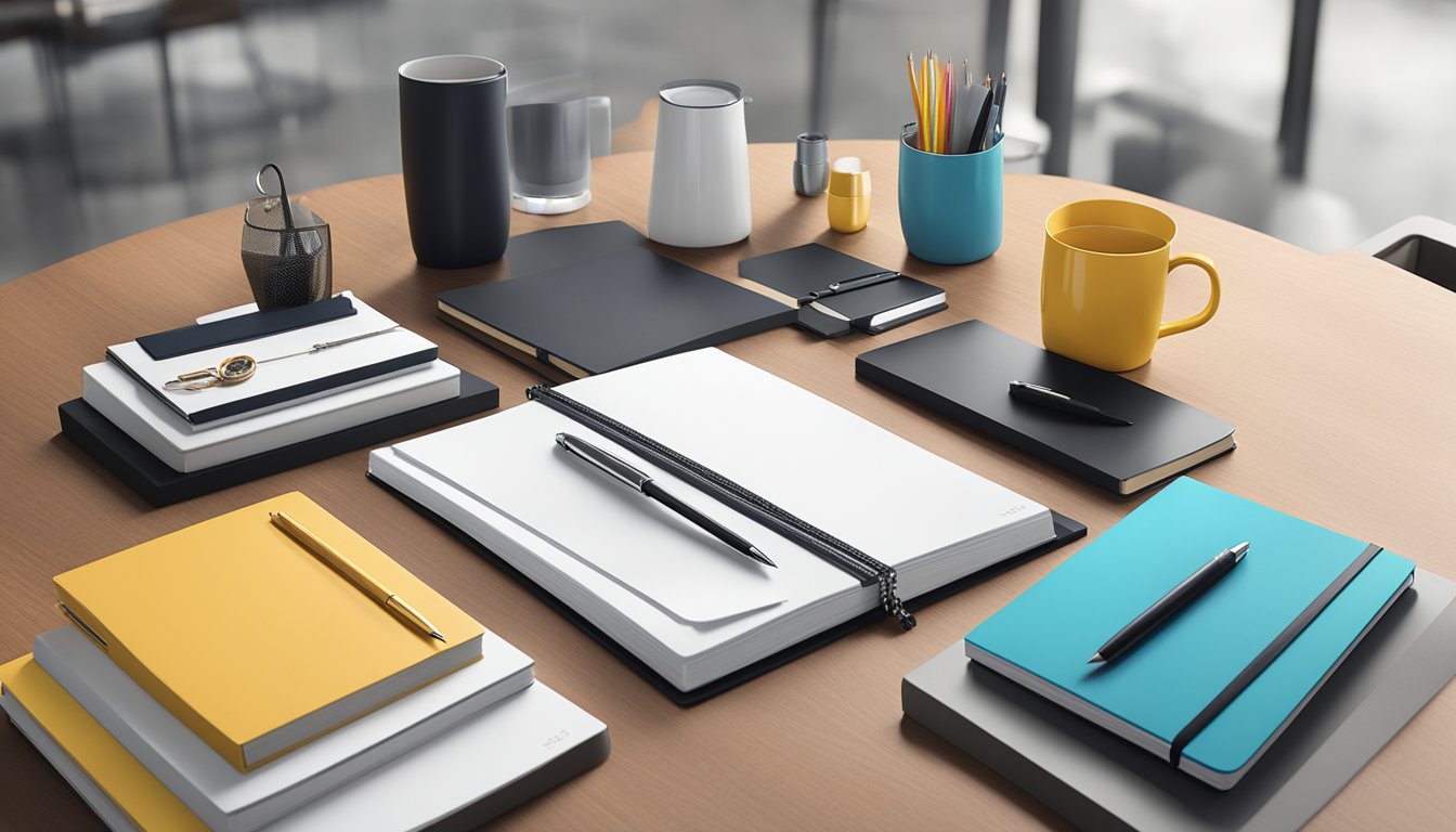 A table adorned with a variety of corporate gifts, including branded notebooks, elegant pens, and personalized drinkware, displayed in a sleek and modern office setting