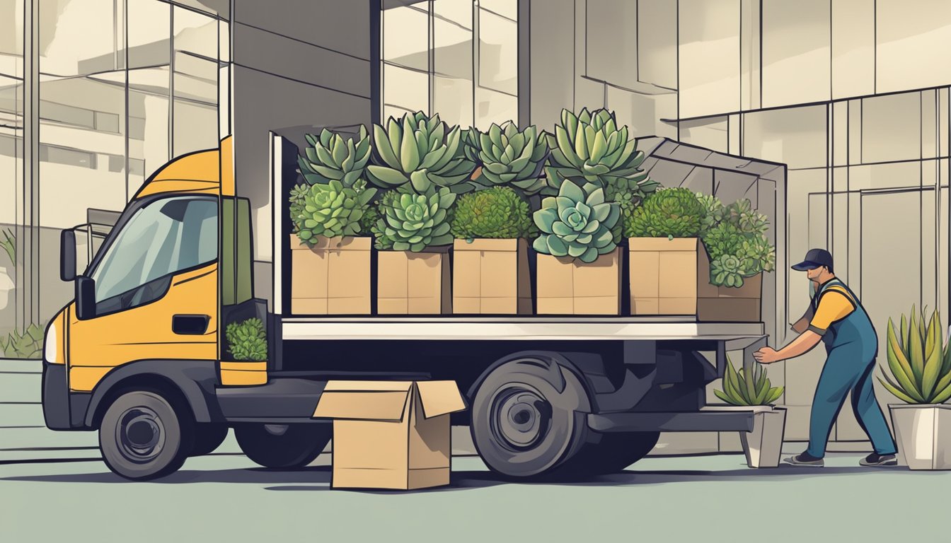 A delivery truck unloading boxes of succulent plants at a corporate office. A worker signs for the shipment as others carry the boxes inside