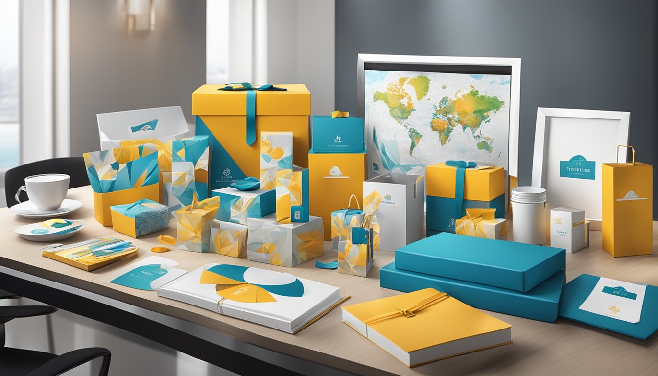 A table adorned with a variety of corporate gifts, including branded items and custom-made products, displayed in a sleek and professional setting