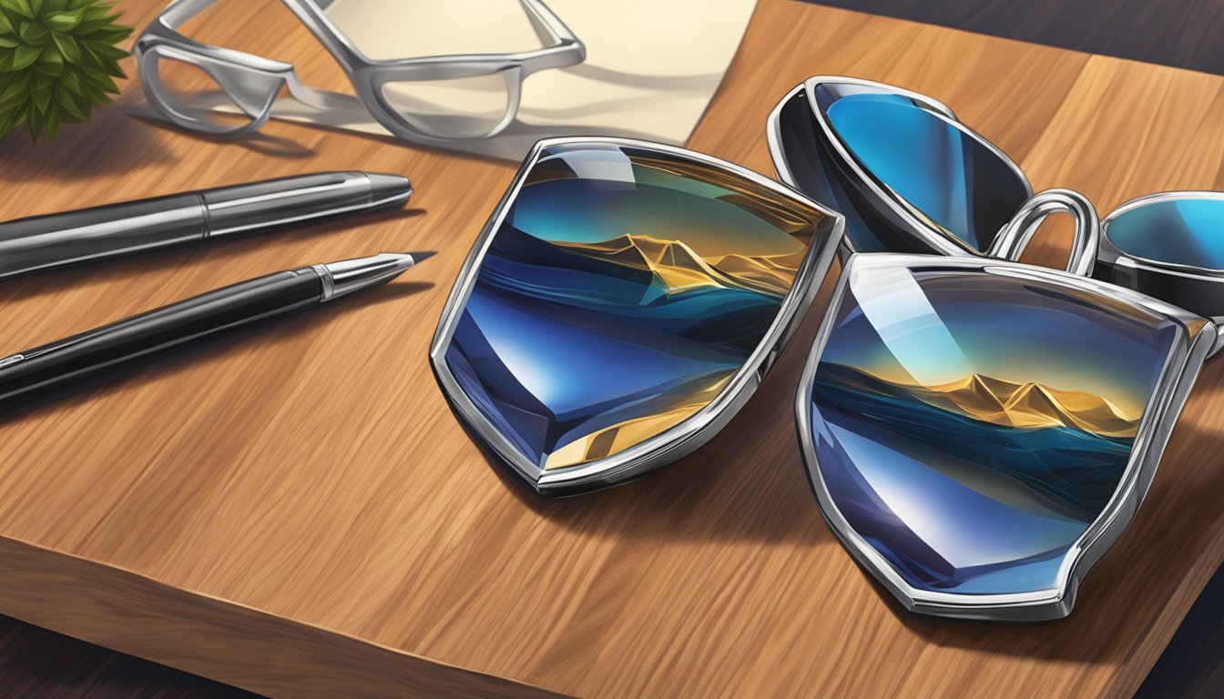 A sleek, modern corporate gift sits on a polished wooden desk, catching the light to highlight its impeccable quality and craftsmanship