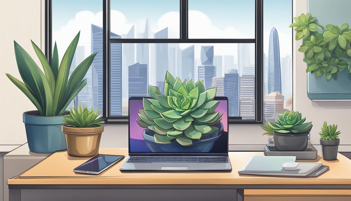 A desk with a laptop, phone, and succulent plants. A corporate gift box with Succulents.net logo. Singapore city skyline in the background