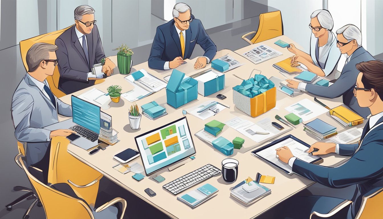 A table adorned with elegant corporate gifts, surrounded by satisfied executives discussing value and pricing