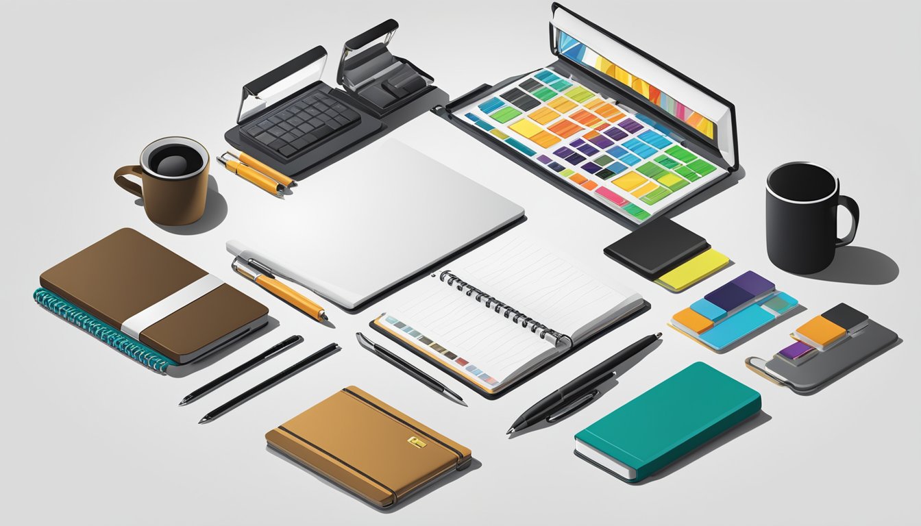 A table with various corporate gifts such as custom pens, notebooks, and electronic gadgets displayed in an organized manner. The company's logo is prominently featured on the products