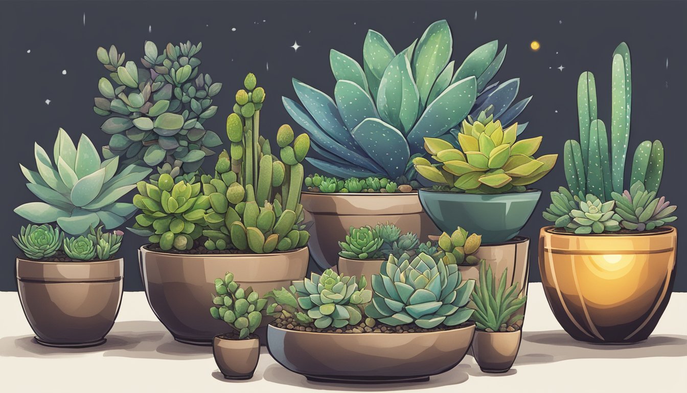 A table with a variety of succulent plants in decorative pots, surrounded by glowing customer testimonials and reviews from SucculentSucculents.net Corporate Gifts Singapore