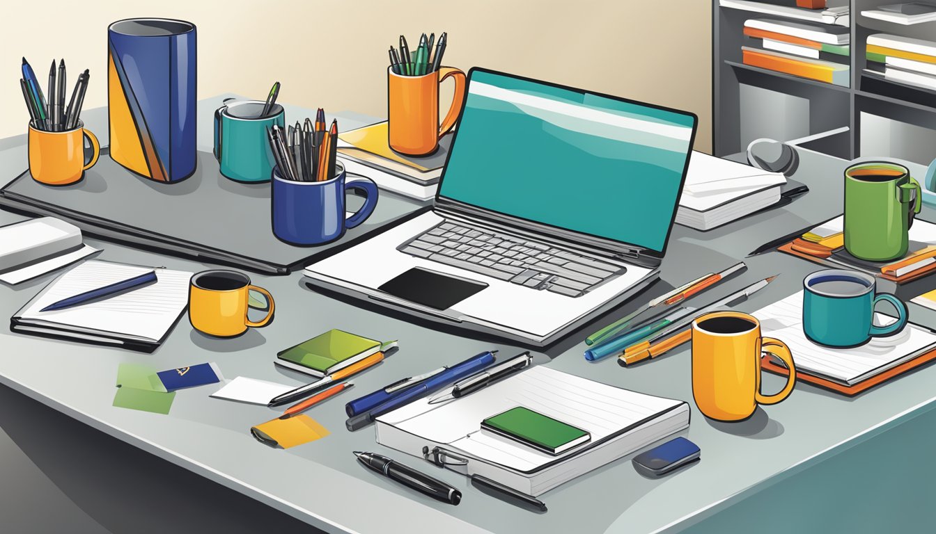 A table displays a variety of corporate gifts - pens, mugs, and notebooks. The company logo is prominently featured on each item