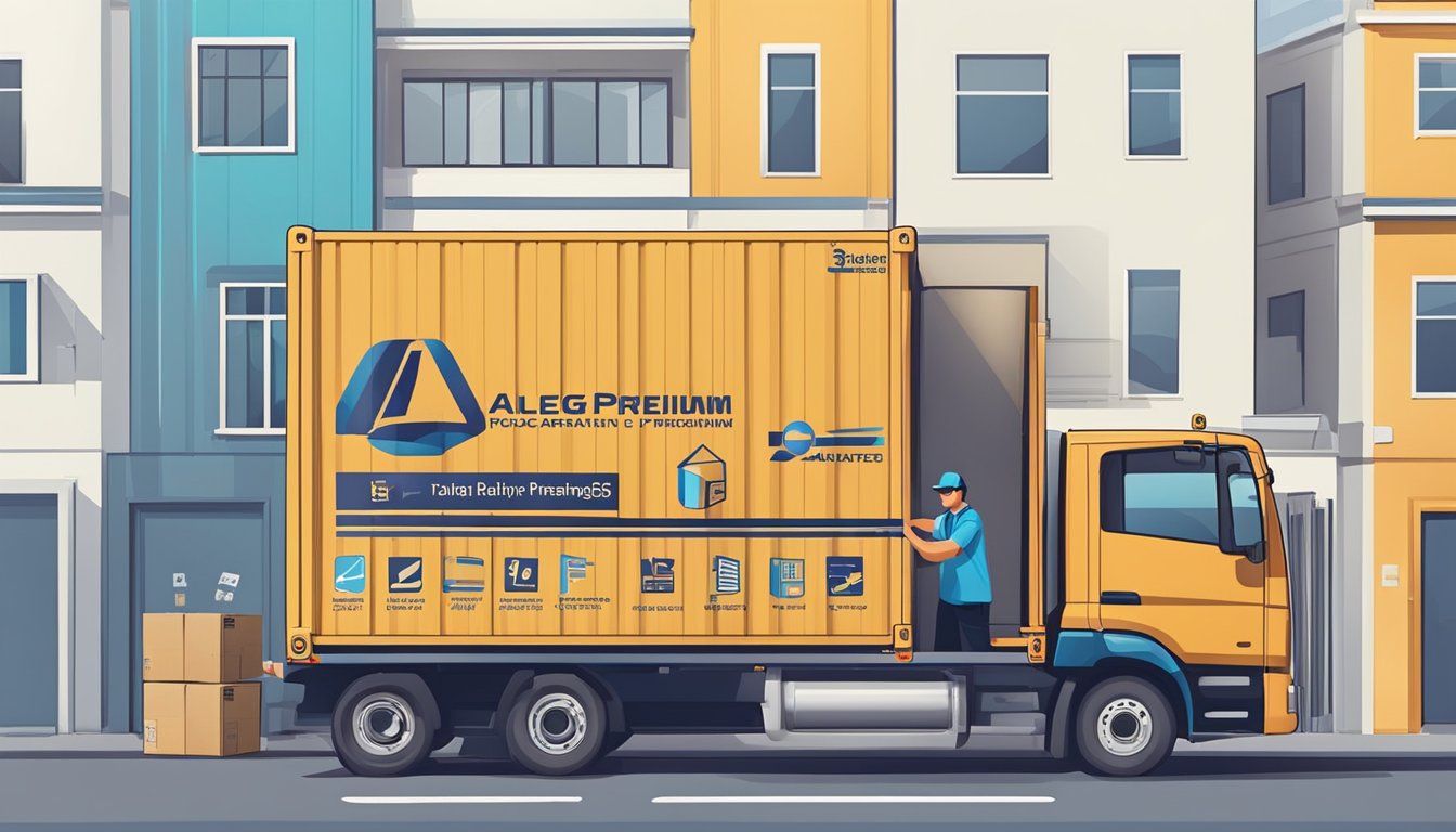 AlegantPremiums.com.sg packages being loaded onto a delivery truck. Boxes neatly stacked and labeled with corporate logos. The truck driver securing the cargo