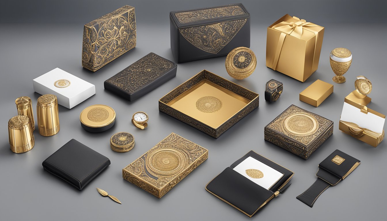 A table showcasing high-quality corporate gifts with intricate designs and fine craftsmanship. The products are neatly arranged, highlighting the attention to detail