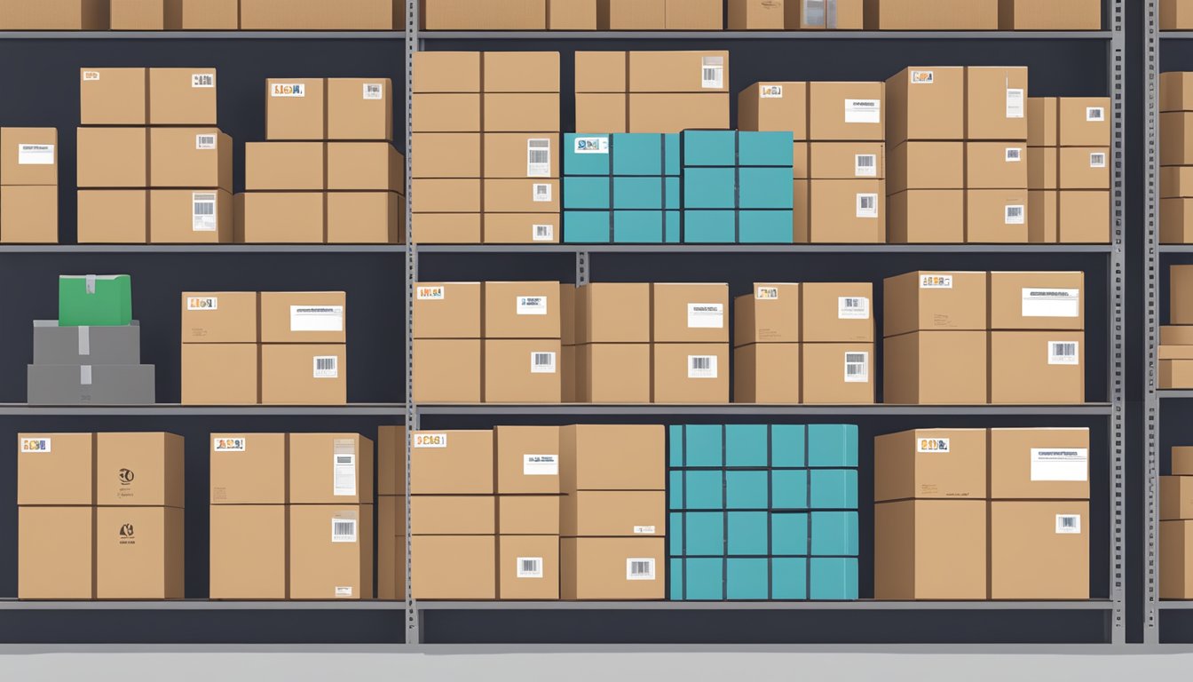 A stack of branded corporate gift boxes sits on a warehouse shelf, ready for delivery. Labels with the Alskar.co logo are prominently displayed