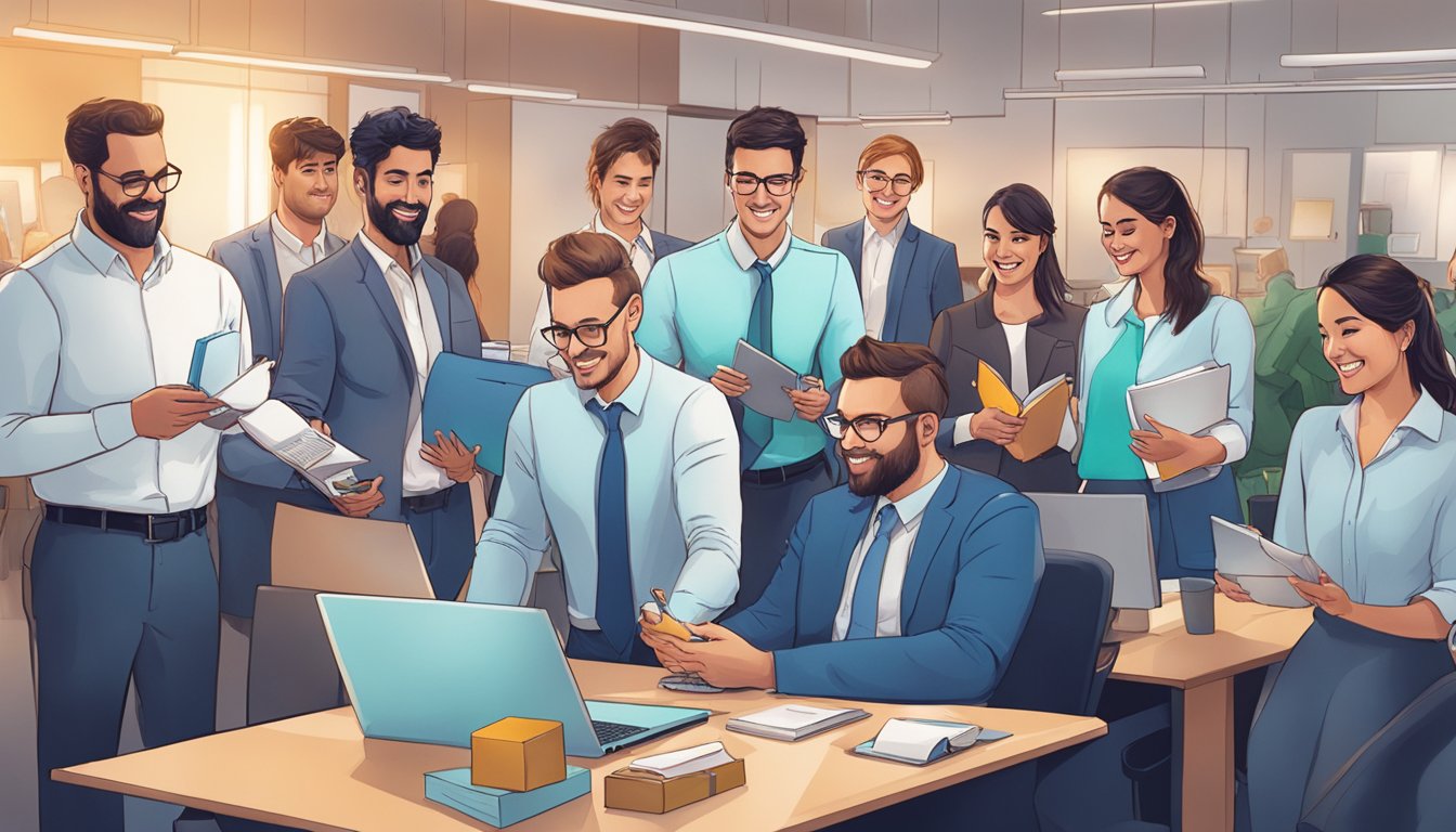 A group of employees at Alskar.co corporate office, exchanging gifts and reviewing customer service