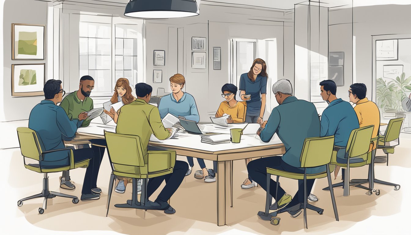 A group of people gather around a table, reading and discussing Alskar.co corporate gifts. Positive testimonials and reviews are displayed on a screen or printed materials