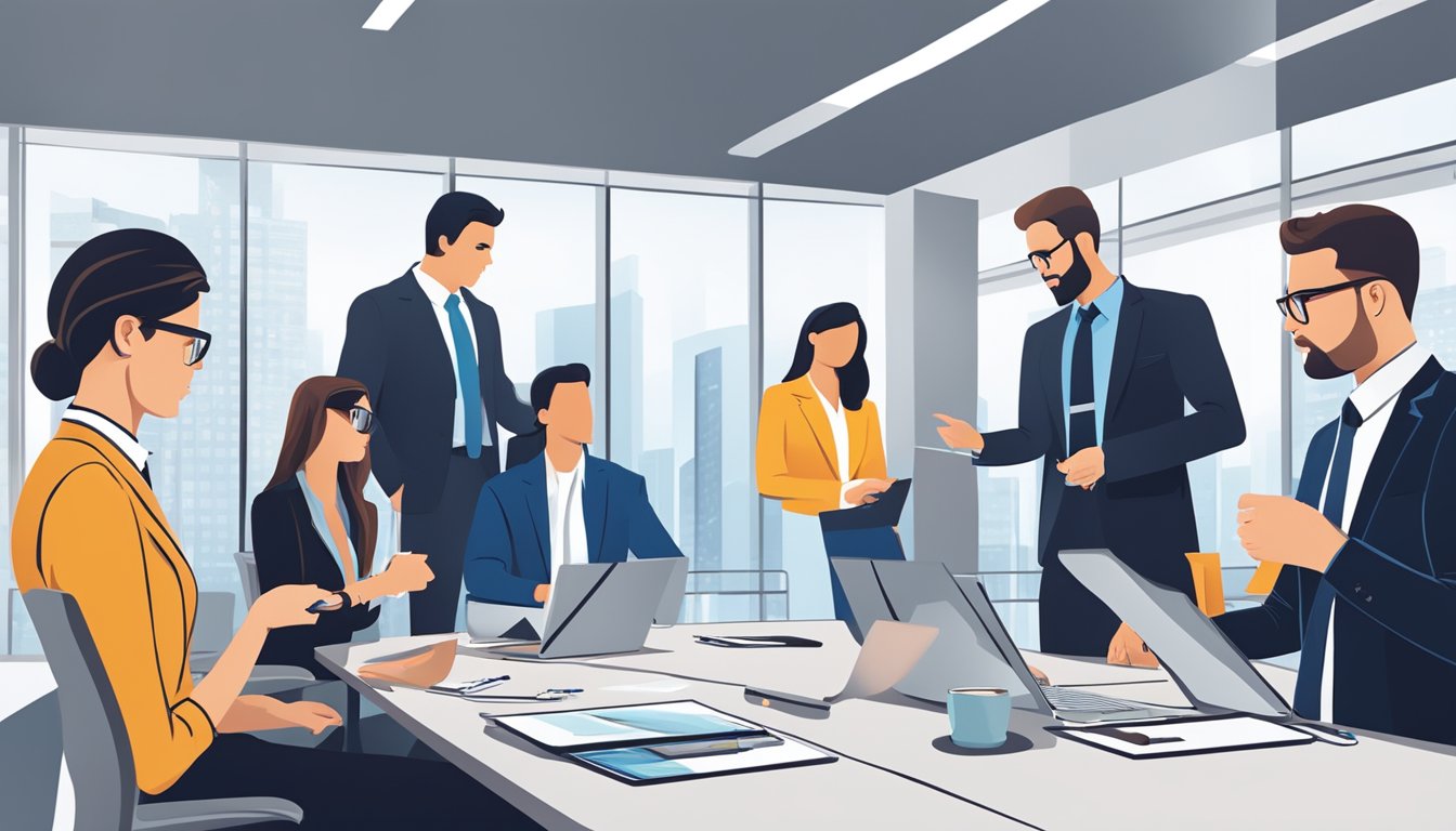 A conference room with branded corporate gifts displayed on a sleek table, surrounded by professionals in business attire discussing and evaluating the products