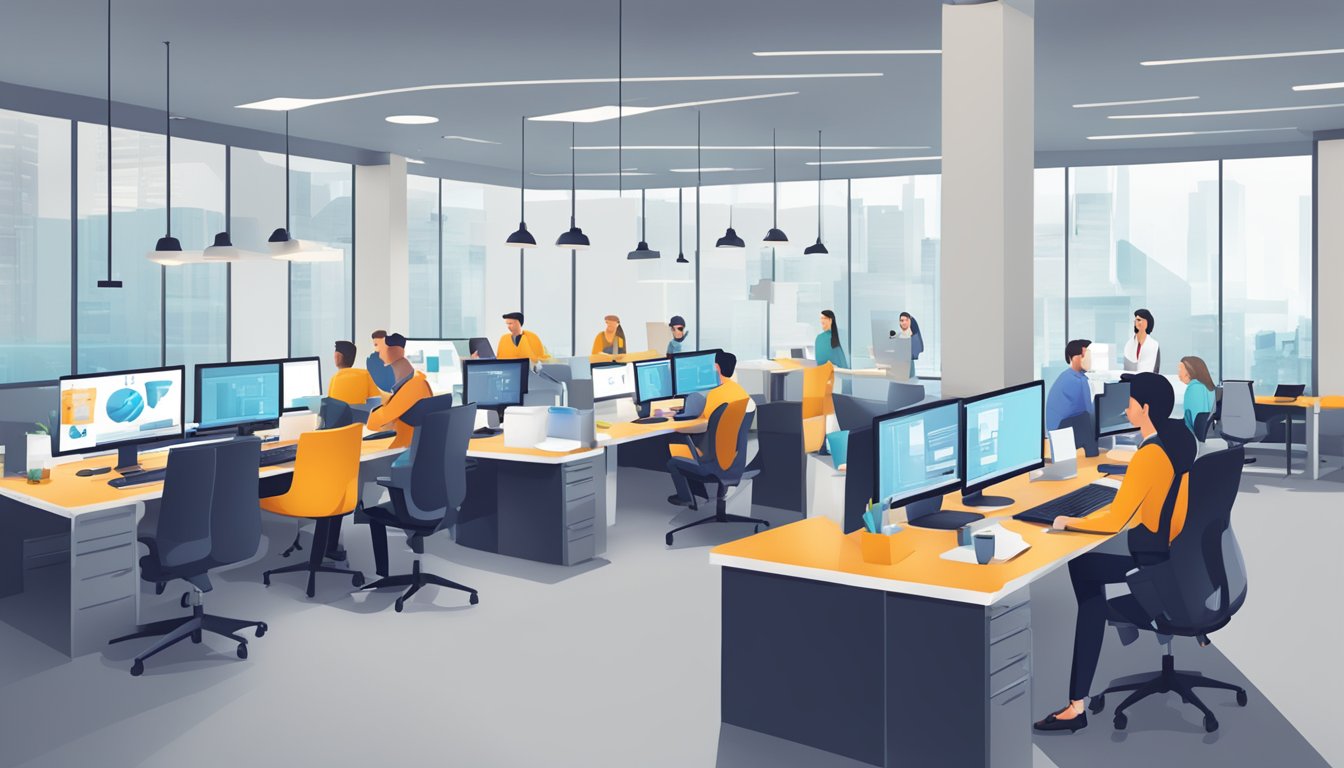 A bustling office with employees discussing corporate gifts. Alskar.co logo prominently displayed. Bright, modern decor and professional atmosphere