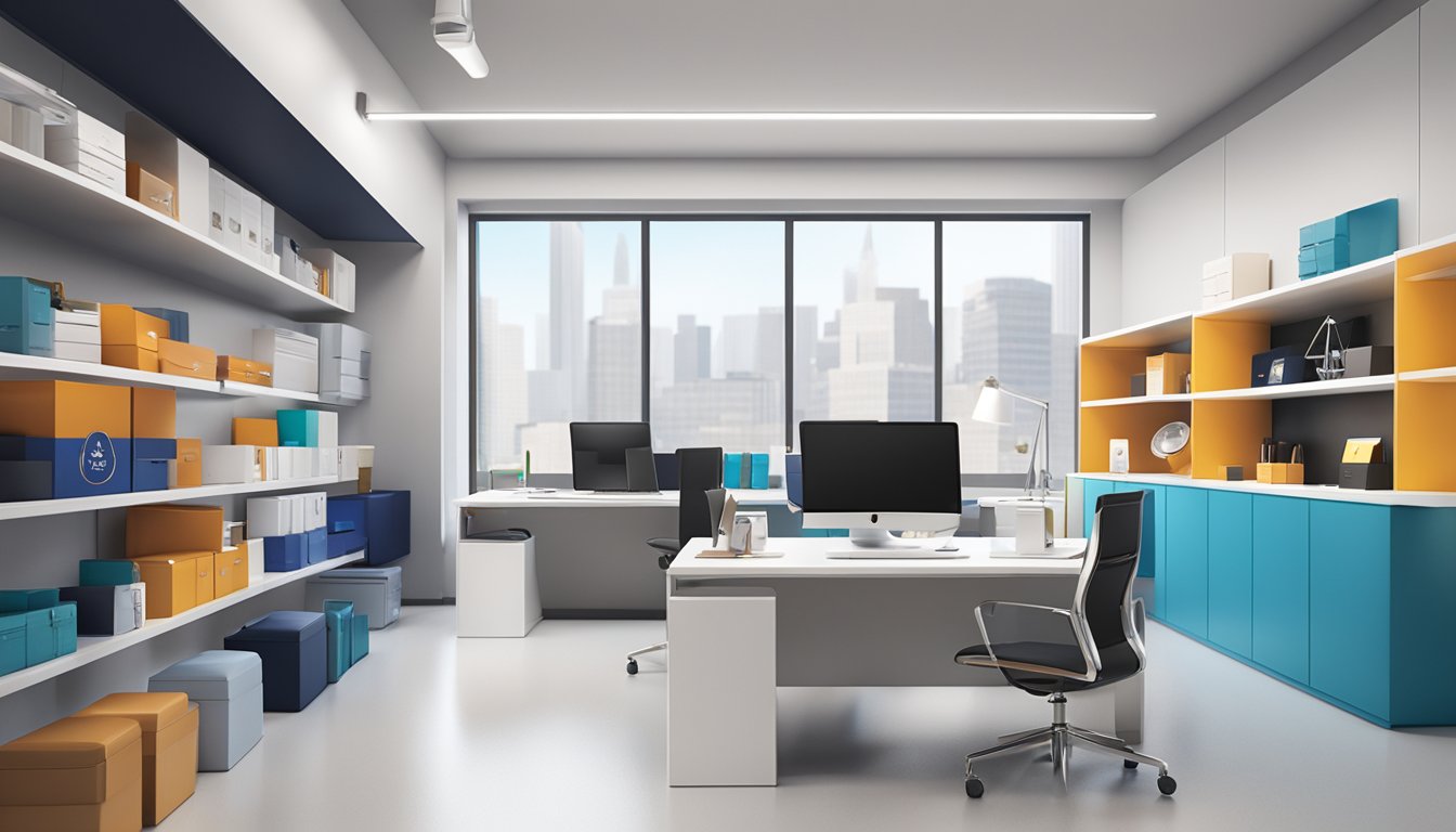 A sleek, modern office space with branded gifts displayed on shelves. The company logo is prominently featured on various items